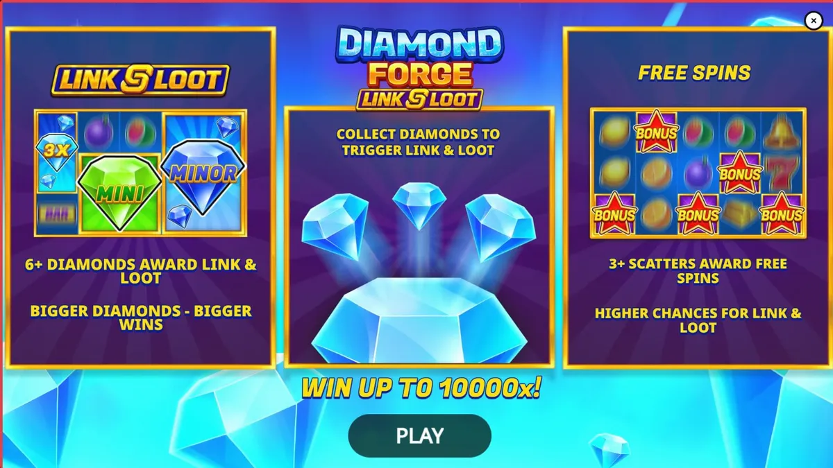 Tampilan visual mesin slot Diamond Forge Link & Loot dengan simbol buah klasik dan berlian