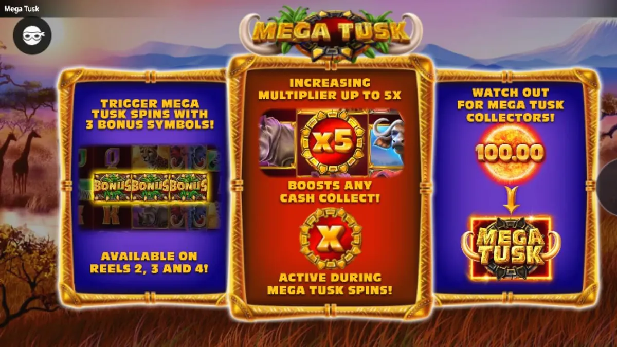 Pemandangan savana Afrika dalam slot Mega Tusk